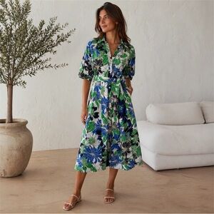 Zara Floral Midi Shirt Dress Cotton Belted Puff Sleeve Blue Green V-Neck Medium